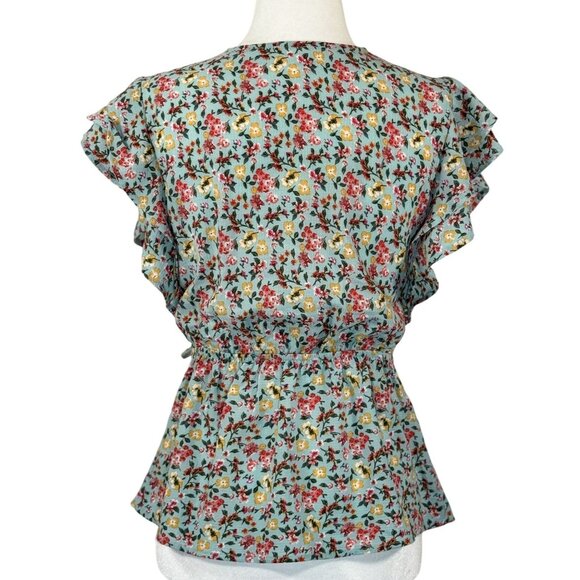 Monteau Brick Size S Womens Floral Summer Faux Wrap Top Ruffle Sleeve Blue Pink - Picture 4 of 9